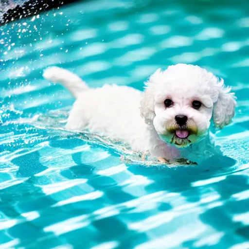 Prompt: a cute bichon puppy swimming in a pool, professional photography, sharp, focus, depth of field