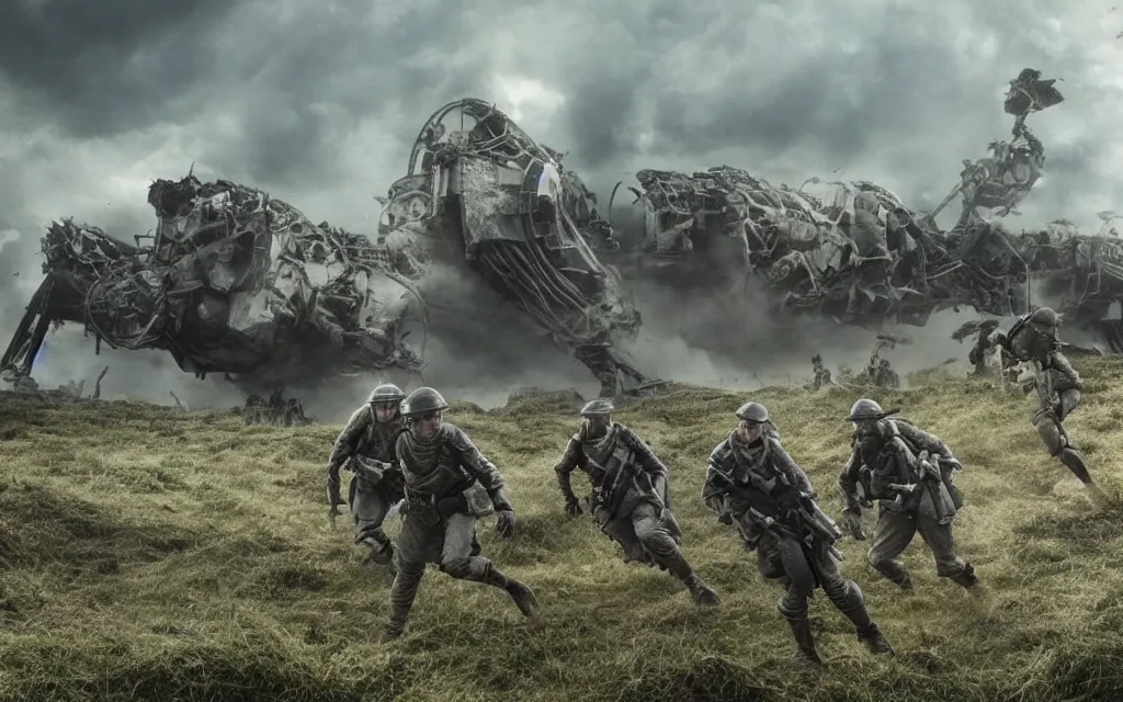 Prompt: fight ww 1 aginst aliens from edge of tomorrow, deep trenches with fortifications, natural landscape, green and blue tones, realistic people, huge ground explosions in the background, alien mothership in the sky, hyper realistic, highly detailed, dramatic lighting, raytarced, god rays, 4 k, 8 k, art by artgem