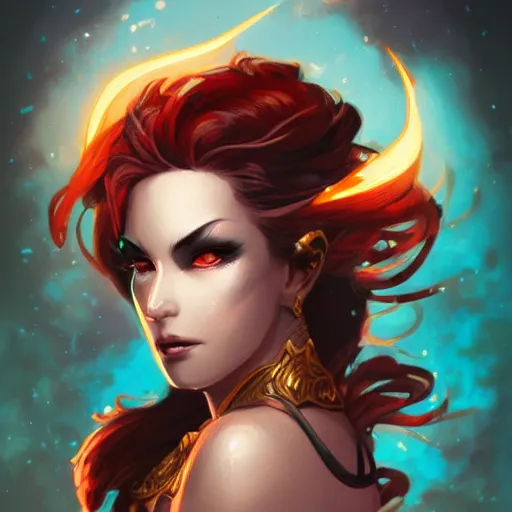 Image similar to uria, lady of searing flames, heroine, beautiful, young, minimalist, detailed close - up portrait in the style of ross tran, marte gracia, and peter mohrbacher, comic book lineart