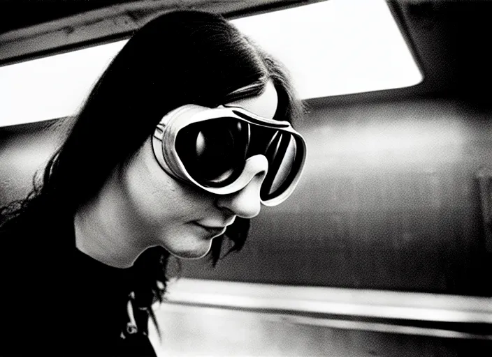 Image similar to close - up portrait of a young woman wearing a choker and welding goggles, in a subway, richard avedon, tri - x pan