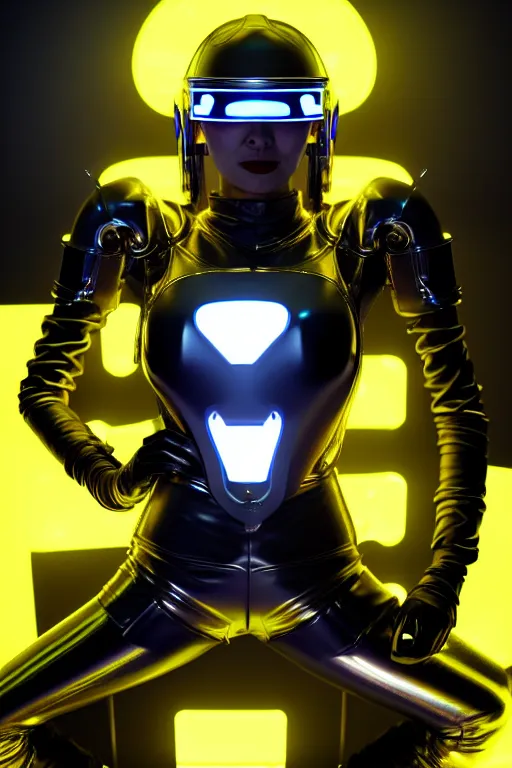 Image similar to female chrome futuristic cyborg with helmet, curved metal Loki horns, chrome motorcycle parts, full body, machine abstract background, neon bar lights, 3d render, octane, 8k, volumetric lighting, hyper-realistic, dark fantasy, diffuse lighting, intricate, highly detailed, lifelike, photorealistic, digital painting, trending on artstation, smooth, sharp focus, art by John Collier and Albert Aublet and Krenz Cushart and Artem Demura and Alphonse Mucha