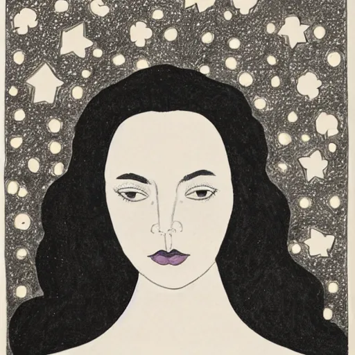 Prompt: A black ink portrait of a lonely beautiful woman with pouted lips and the the constellation in her black flowing hair