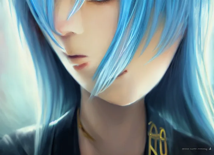 Image similar to rimuru tempest looking in a mirror, sky blue straight hair, bangs, with amber eyes, gold eyes, wearing a black jacket, high collar, ultra detailed, concept art, award winning photography, digital painting, pretty, cinematic, wlop artstation, closeup, pixiv, yoshitaka amano, andy warhol, ilya kuvshinov,