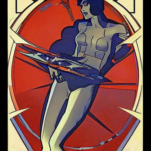 Image similar to Scissor Starfighter, by Moebius and Alphonse Mucha