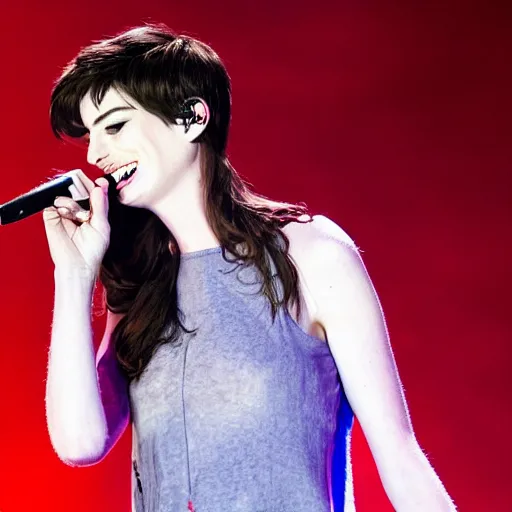 Image similar to Anne Hathaway as a rock singer on the stage