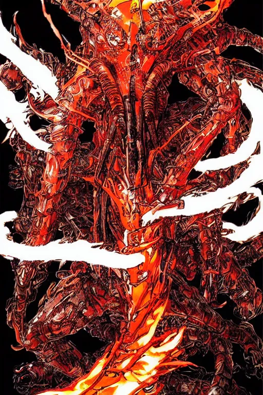 Image similar to a flaming centipede by yoji shinkawa and tsutomu nihei, detailed art, highly detailed