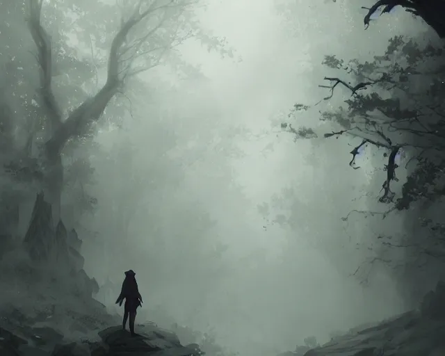 Image similar to a cloaked adventurer in foggy, ghostly woods. Dangerous, foggy, cloudy, mysterious, ominous, threatening, adventurous, ghostly. By Makoto Shinkai, Stanley Artgerm Lau, WLOP, Rossdraws, James Jean, Andrei Riabovitchev, Marc Simonetti, krenz cushart, Sakimichan, trending on ArtStation, digital art.