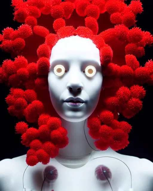 Image similar to symmetrical portrait of a woman wearing a red embroidered translucent silicone mask and white frizzy hair buns, wearing a black bodysuit by alexander mcqueen, standing in a sterile room full of translucent silicone flowers and plants, white background, soft diffused light, biotechnology, humanoide robot, futuristic aesthetic, translucent, ethereal, intricate details, highly detailed, masterpiece,