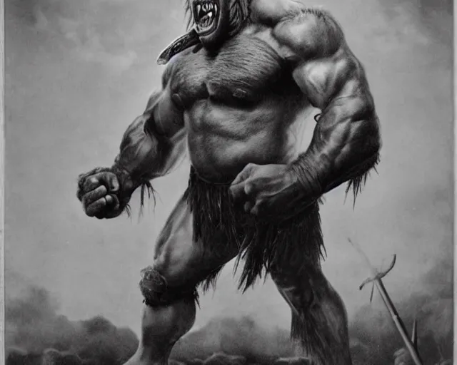 Prompt: realistic vintage photograph of a warrior ogre chieftain, tall, muscular, hulk like physique, sharp fangs and tusks, big arms, big hands, big feet, armored, tribal paint, highly detailed