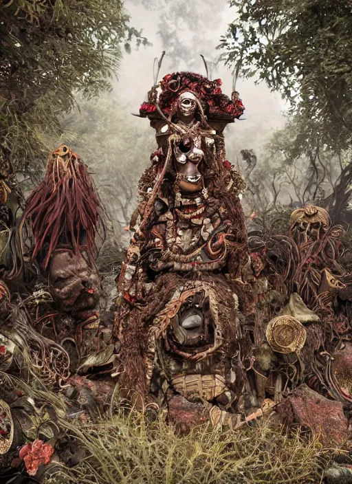 Prompt: elegba eshu in the bush of ghosts, highly detailed, rule of thirds, elegant, ornate textures, symmetrical, luxury, elite, james jean, brian froud, ross tran, 3 d render, cg society, photo realistic, super detailed, octane materials, octane render, 8 k