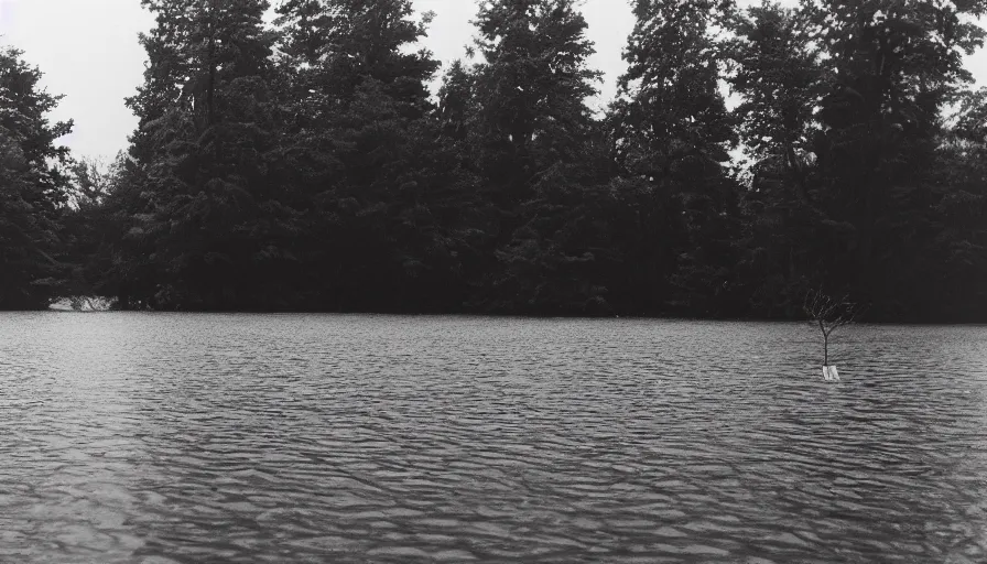 Image similar to photograph of an infinitely long chunky rope floating on the surface of the water, the rope is snaking from the foreground towards the center of the lake, a dark lake on a cloudy day, trees in the background, moody scene, anamorphic lens, kodak color film stock