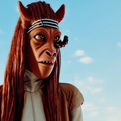 Image similar to film still of jar jar binks as a female cowgirl, long eyeslashes, big juicy lips, big seductive eyes, dramatic cinematic lighting, beautiful magic hour lighting, dolce & gabbana campaign