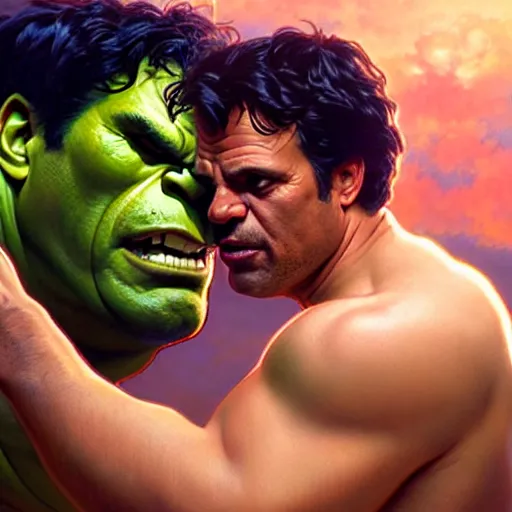 Prompt: mark ruffalo the hulk kissing a cute cowboy, cinematic volumetric lighting f 8 aperture cinematic eastman 5 3 8 4 film photorealistic by greg rutkowski by stanley artgerm by alphonse mucha