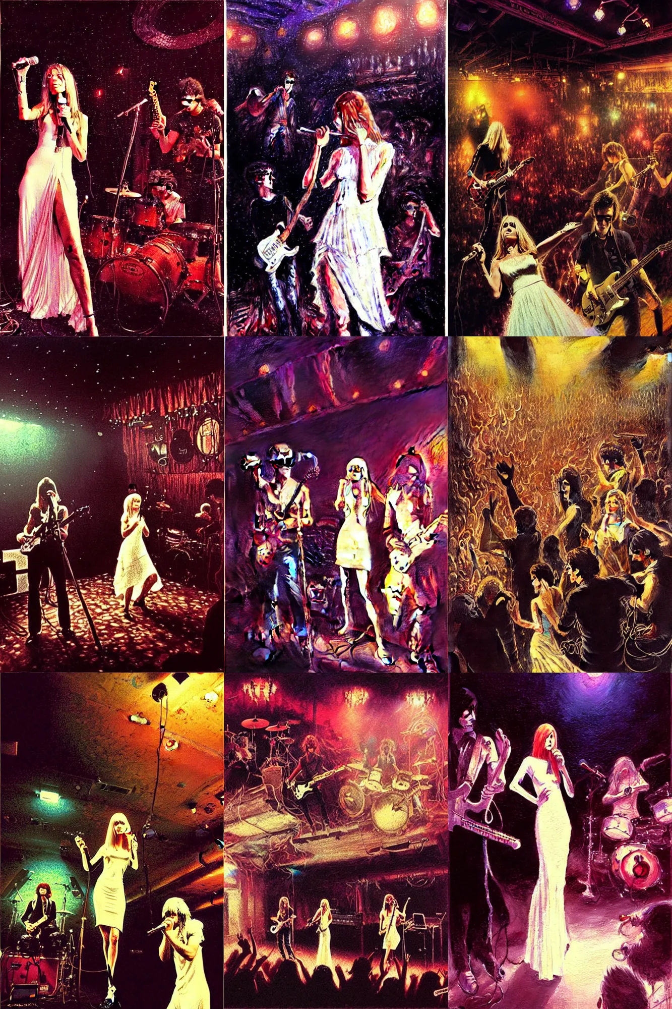 Prompt: the velvet underground playing in a night club in 1 9 6 9 live on stage and nico wearing a white dress, art by greg rutkowski and thomas kinkade, very detailed and colorful