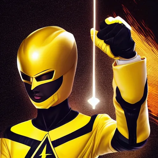 Image similar to symmetry!! portrait, head and body, yellow ranger, thunderbolt shaped eyeshade!!, artstation, art by murata, art by oda echiiro, art by tatsuki fujimoto, lightning helmet, 3 d, jumpsuit, gloves, futuristic poster,