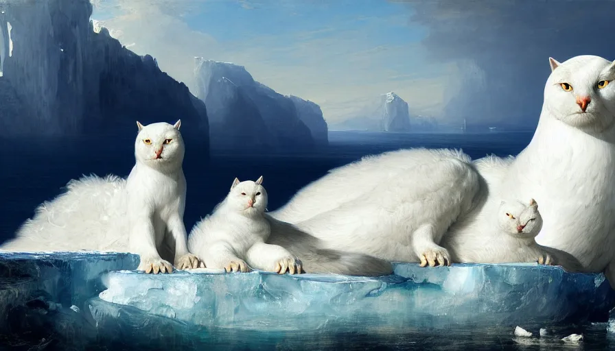 Prompt: highly detailed painting of white giant eagle cat seals on a blue and white iceberg by william turner, by greg rutkowski, by william constable, thick brush strokes and visible paint layers, 4 k resolution