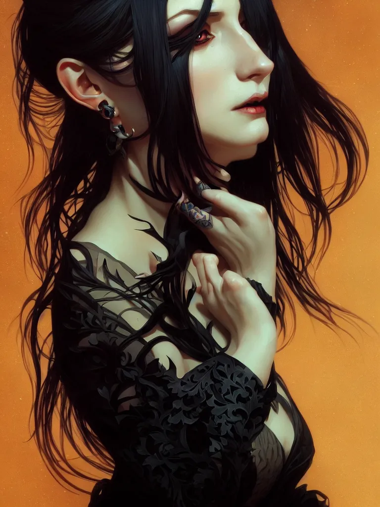 Image similar to a beautiful goth woman, fantasy, portrait, sharp focus, intricate, elegant, digital painting, artstation, matte, highly detailed, concept art, illustration, ambient lighting, art by ilya kuvshinov, artgerm, Alphonse mucha, and Greg Rutkowski