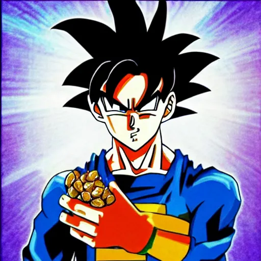 Prompt: “ goku eating a can of baked beans ”