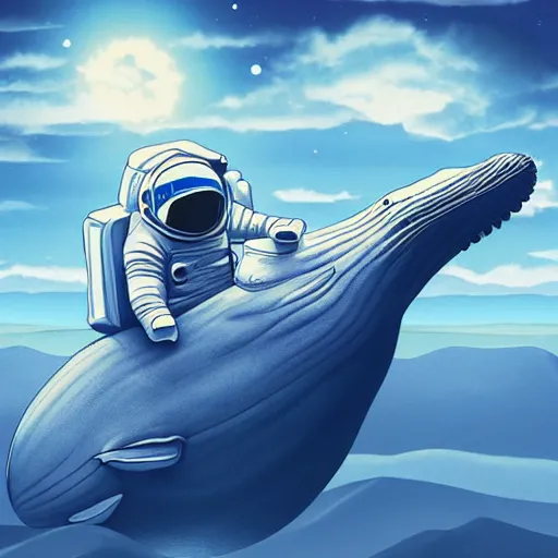 Image similar to astronaut riding on top of floating whale, in undiscovered place, space, exploration, science fiction, fine details, beautiful sky, infinite view, neo