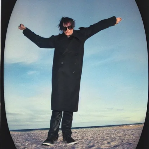 Image similar to 9 0 s polaroid photograph of norman reedus wearing a trenchcoat at night, dancing on a beach during cloudy weather, vignette