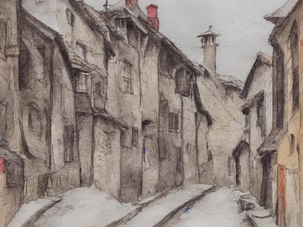 Prompt: a street in a old small village, pencil and watercolor, detailed