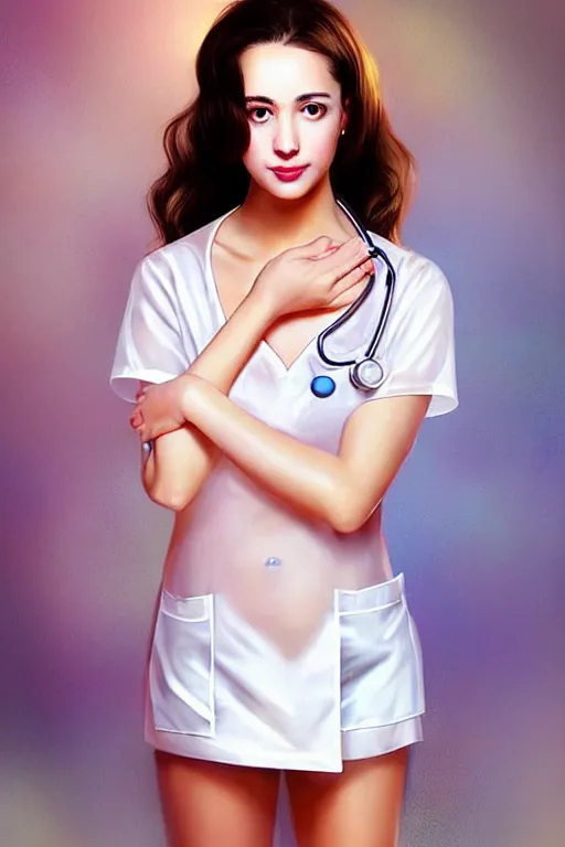 Prompt: glamorous and sexy nurse in transparent blouse, !subtle smiling!, !!!beautiful!!!, pearlescent skin, natural beauty, !seductive eyes and face!, elegant girl, !natural beauty!, very detailed face, seductive lady, !full body portrait!, natural lights, photorealism, summer vibrancy, cinematic, a portrait by artgerm, rossdraws, Norman Rockwell, magali villeneuve, Gil Elvgren, Alberto Vargas, Earl Moran, Enoch Bolles