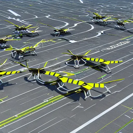 Prompt: A swarm of drones landing at a airport. Futuristic, bright colors, during the day, no clouds, Hyper realistic, bright colors, 8k.