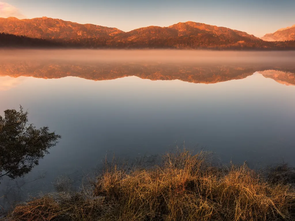 Prompt: landscape photography of foggy morning over a mountain lake, reflection, golden hour, hyper realistic,