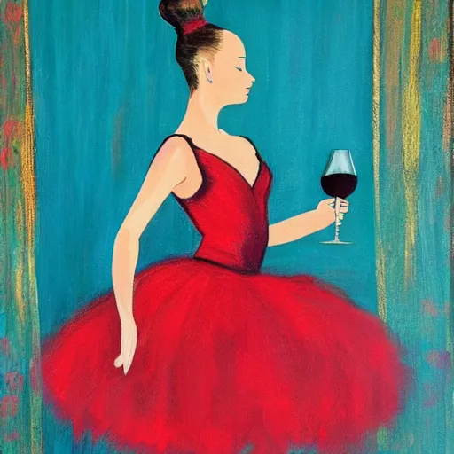 Prompt: painting of a ballerina in a teal room holding wine, red background