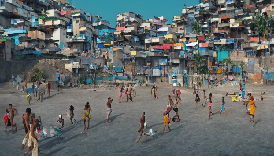 Prompt: favelas in rio, music dancing, locals, nightlife, hustlers and street - walkers, beach ocean fun octane render unreal 5, by piet mondrian