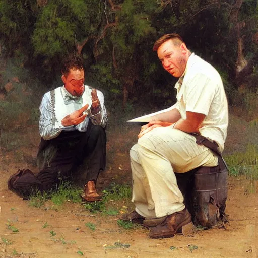 Image similar to alex jones begging for money on the side of the road, highly detailed painting by gaston bussiere craig mullins j. c. leyendecker,