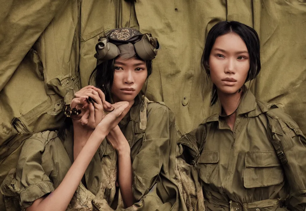 Image similar to fashion editorial in vietnam war. hyperrealistic. detailed. depth of field. high definition. 8k. depth of field. photography.