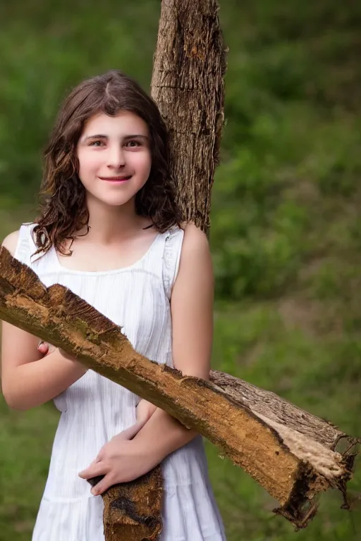 Image similar to a middle-school girl with brown eyes and unkempt wavy short brown hair wearing a white dress and holding a bundle of firewood, high resolution film still, 8k, HDR color, short hair, round face, dimples, beautiful gazing eyes