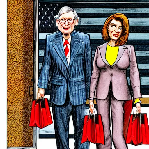 Image similar to The Artwork of R. Crumb and his Cheap Suit Mitch McConnell and Nancy Pelosi go shopping, pencil and colored marker artwork, trailer-trash lifestyle