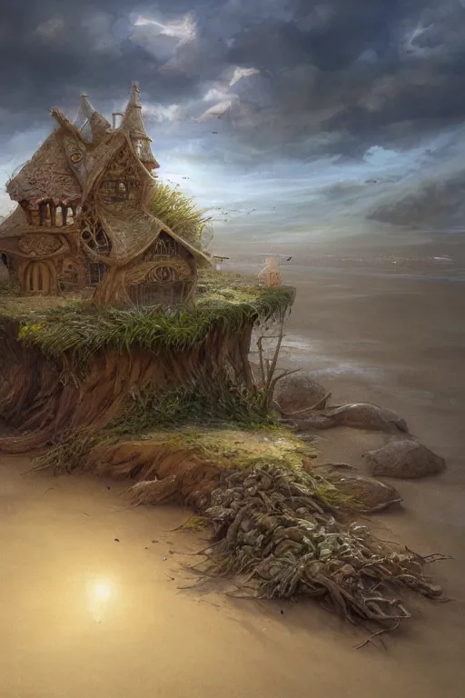 Image similar to wide angle view, a beautiful digital painting of a fairy house made of sand and driftwood on a beautiful coastline, tranquil day, magical, by greg rutkowski, brian froud, marc simonetti, jean - baptiste monge, symmetry, complementary colors, ink illustration, trending on artstation