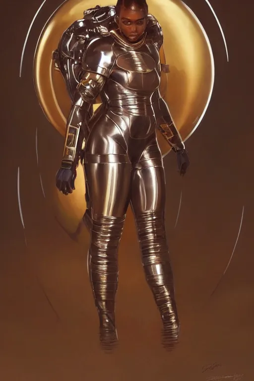 Prompt: full body Portrait of very beautiful african woman, spacesuit, holding her helmet, real life skin, intricate, elegant, highly detailed, artstation, concept art, smooth, sharp focus, art by artgerm and greg rutkowski and alphonse mucha