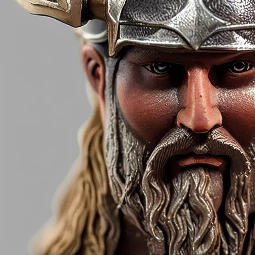 Image similar to of a 3d clay model of a viking from valhalla, wearing the horned helmet ultra fine detail, hair strands, ultra high resolution, fine texture detail, miniature painting techniques, perfect proportions, marvel cinematic universe, eric bana