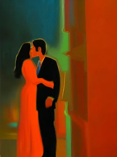Image similar to a guy and a girl kissing, artwork by salman toor, cinematic light, atmospheric effects, oil on canvas