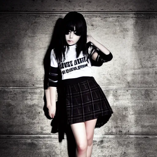 Image similar to female model teenage goth photography plaid mini skirt band shirt beautiful face, dramatic light darkroom