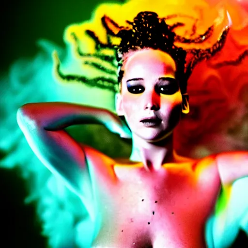 Image similar to excited jennifer lawrence as the bride of frankenstein, macro photography, glowing retinas, vaporwave, fuscia cyan yellow white powder on face, national geographic