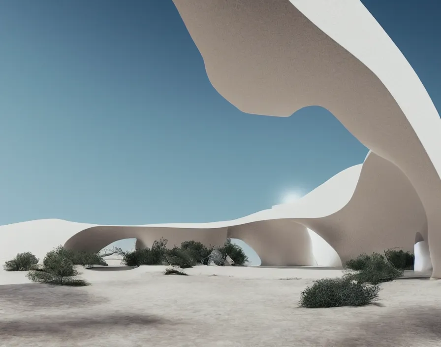 Image similar to desert, white minimalist architecture, stone grotto in the center, portal. zaha hadid, oscar niemeyer, architectural rendering. trending on artstation. vogue magazine. halo. octane rendering, cinematic, hyperrealism, bokeh. iridescent accents. teal gold and blue color scheme