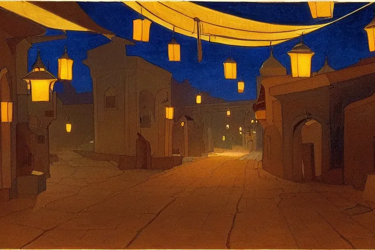 Image similar to winding street at midnight in a very old very beautiful city in saudi arabia by George Price Boyce and Nicholas Roerich and William Dyce, glowing paper lanterns, strong dramatic cinematic lighting , ornate tiled architecture, lost civilizations, smooth, sharp focus, extremely detailed