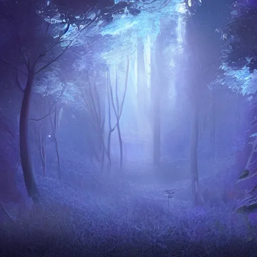 Image similar to portrait of an ethereal forest made of blue light, divine, cyberspace, mysterious, dark high-contrast concept art