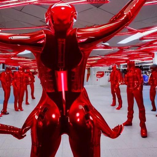 Image similar to love, diverse red cybersuits, from behind, connection rituals, wide wide angle, vivid, elaborate, highly detailed, beautiful lighting