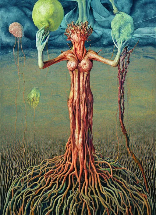 Prompt: Oil painting - The Fungal Queen held aloft by mycelium threads sprouting aerochrome fruits that drip and drown the kingdom animalia by Lucian Freud and Jenny Saville, Abstract brush strokes, Masterpiece, Edward Hopper and James Gilleard, Zdzislaw Beksinski, Mark Ryden, Wolfgang Lettl highly detailed, hints of Yayoi Kasuma