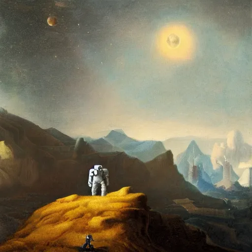 Prompt: an astronaut among goliaths in a landscape