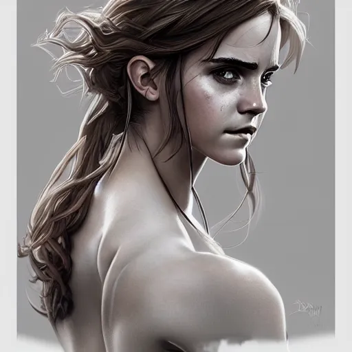 Prompt: portrait of emma watson, muscular, upper body, hairy torso, D&D, fantasy, intricate, elegant, highly detailed, digital painting, artstation, concept art, matte, sharp focus, illustration, art by Artgerm and Greg Rutkowski and Alphonse Mucha