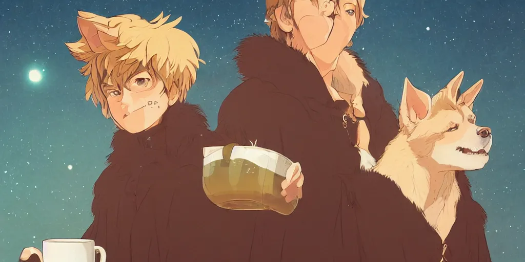 Image similar to a two german shepherds beast - men, holding a mug of beer, a lot of pockets, fur cape, tavern background, magical, bright, colorful, fantastic lighting, amazing details, 4 k uhd, illustration by hayao miyazaki and makoto shinkai and ilya kuvshinov, artstation, pixiv,