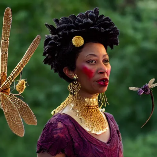 Image similar to over-shoulder film still of an african-american woman with short grey hair, a headdress made of red fern-leaf peony, wearing a black lace mask and gold dangly earrings, purple lipstick, speaking to a giant dragonfly from the adventure movie Life of Pi (2012) directed by Ang Lee and shot by Claudio Miranda