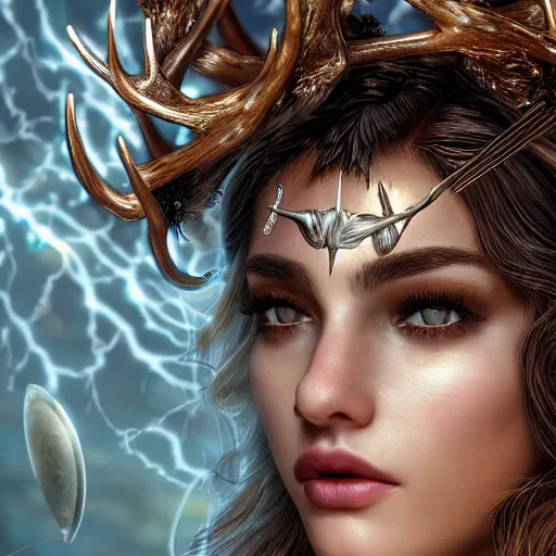 Image similar to highly detailed close up portrait of Artemis, goddess of the hunt and the moon, wearing a crown made of antlers, cinematic lightning, bright colors, intricate, masterpiece, photorealistic, hiperrealistic, sharp focus, high contrast, Artstation HQ, DeviantArt trending, 4k UHD, Unreal Engine 5